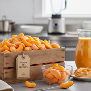 زردآلو منجمد IQF درجه یک در جعبه چوبی - برشهای زردآلوی نیمه شده